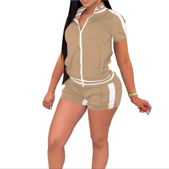 The Set Women's Mocha Cold Shoulder Zip Up Track 2 Pc Short Set Size Large - Picture 4 of 11